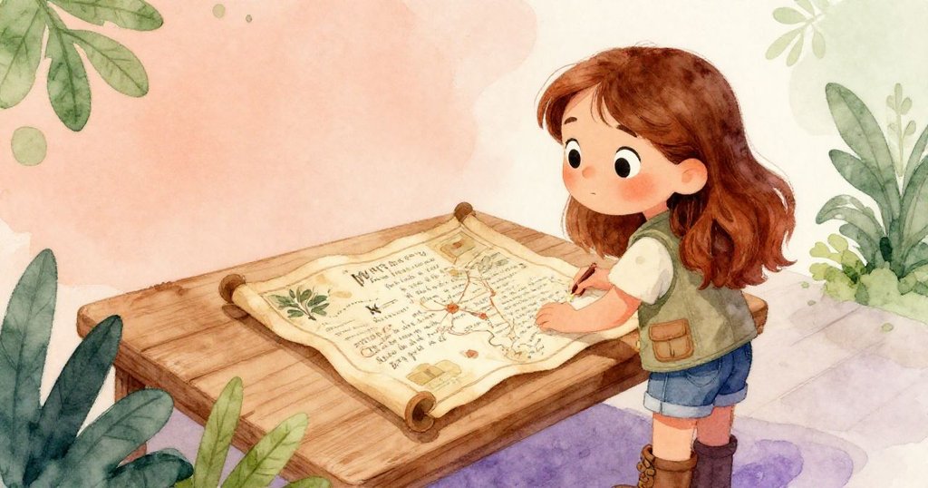 Eva背對觀眾，專注看著攤開的古地圖與信件，溫暖光線襯托出她充滿好奇的眼神和求知欲。