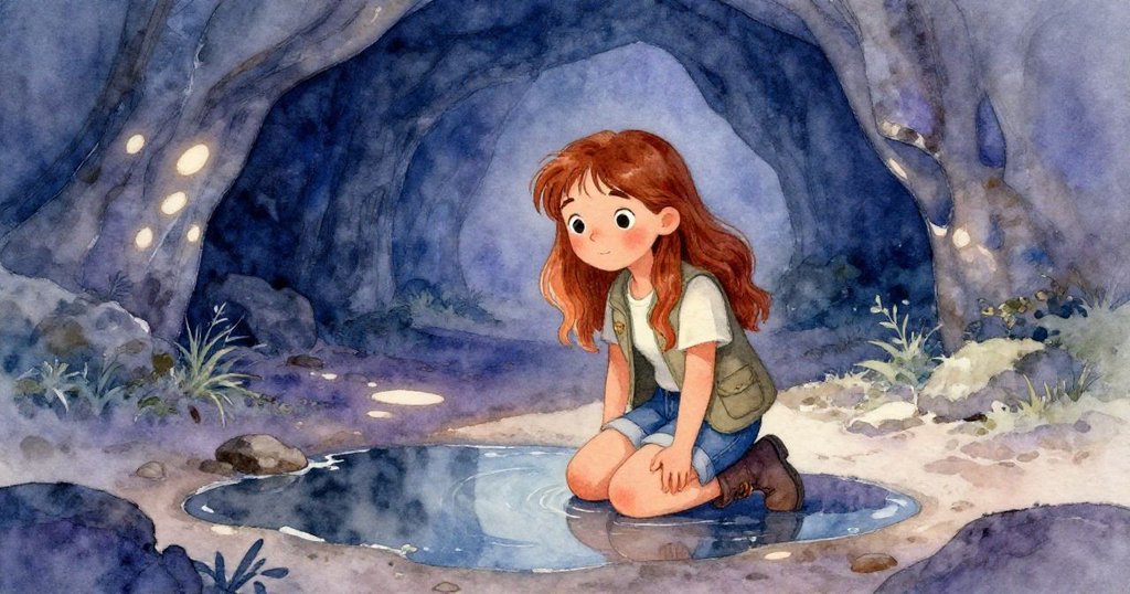 Eva蹲在戶外淺水池旁，仔細觀察水面映出的古洞口輪廓，表情充滿驚奇與專注，展現地圖中的線索。