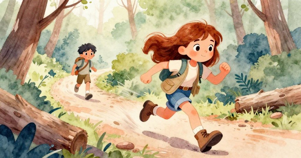 Eva急速穿越崎嶇路徑，躲避倒下樹木，表情堅定；背景中Leo流露關切，展現追逐冒險的迫切感。