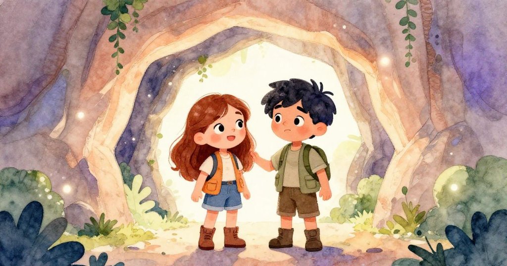 Eva與Leo在發光古洞前歡聚，臉上充滿喜悅與成長，背景展現自然奇景和命運交匯的神秘光芒。