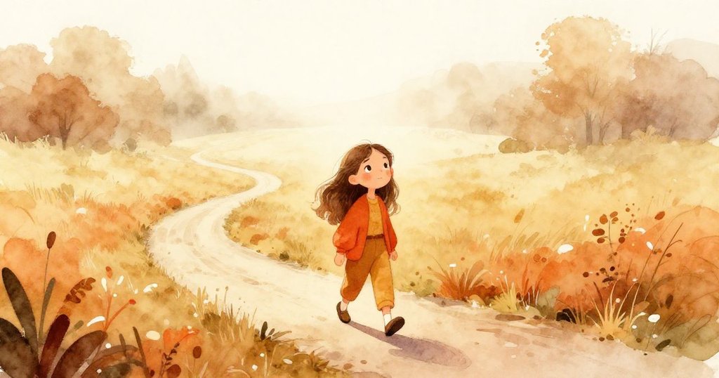 羅拉在晨霧中走在蜿蜒小徑上,柔和光線映照著前方夢想,表情充滿希望與期待