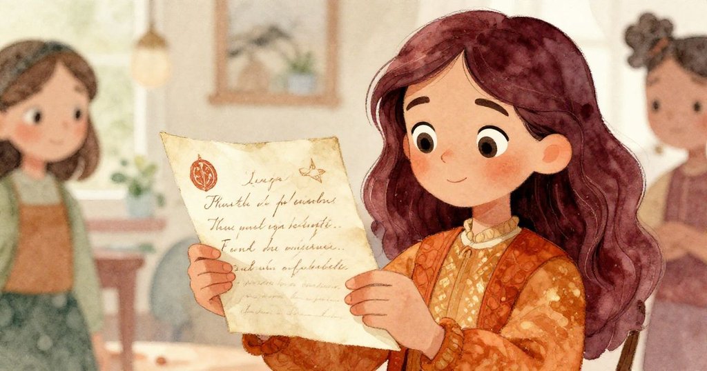 羅拉在室內輕觸祖父的舊信,細看字跡流露溫暖記憶,眼神中充滿驚喜與懷舊情懷