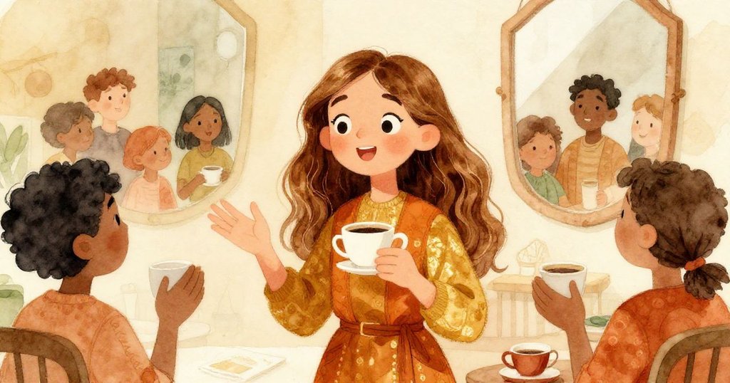 羅拉在溫馨室內與居民們熱烈交流,手持咖啡杯,窗外映出來往身影,氣氛溫暖而充滿活力