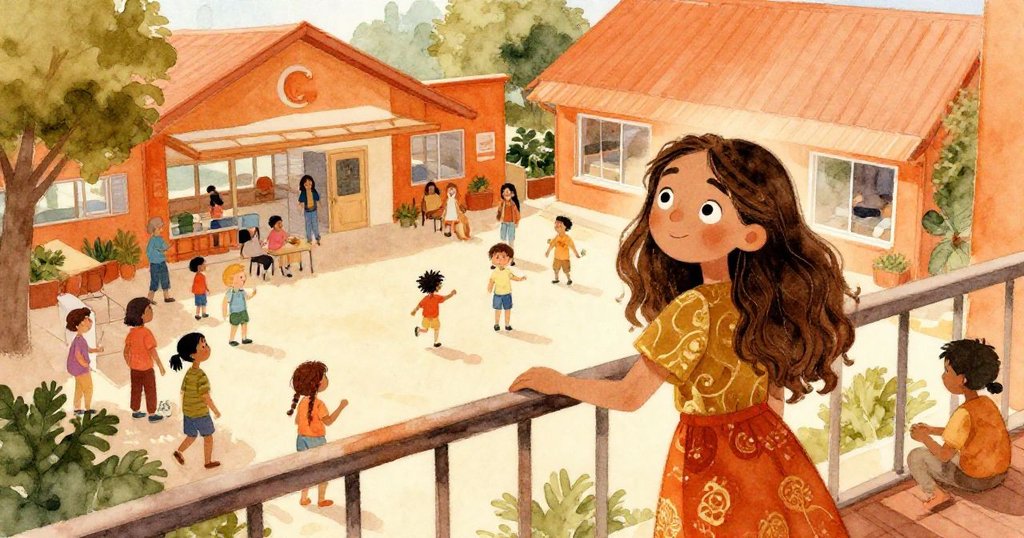 羅拉及居民在陽台上熱情交流,俯視熙攘小鎮中心,陽光明媚中展現創意與連結