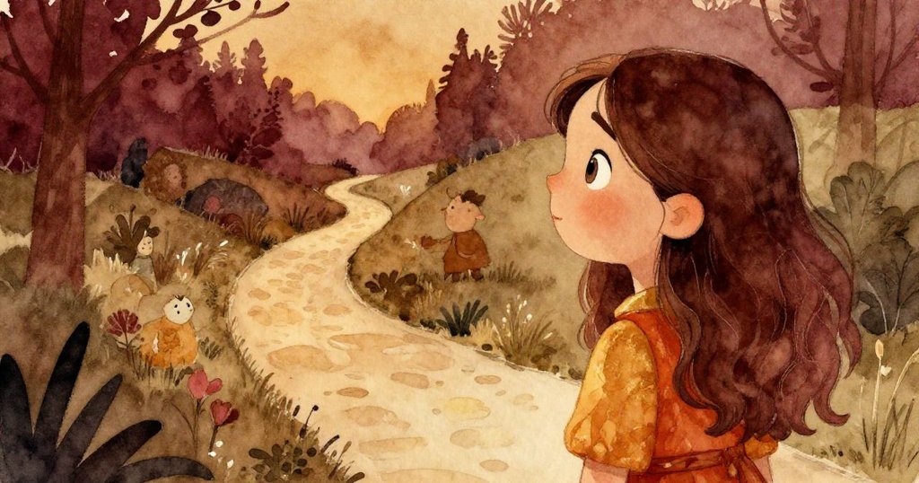 羅拉在夜晚柔光中凝視蜿蜒小路,面露思索與期許,象徵著未來創意旅程的希望與靜謐