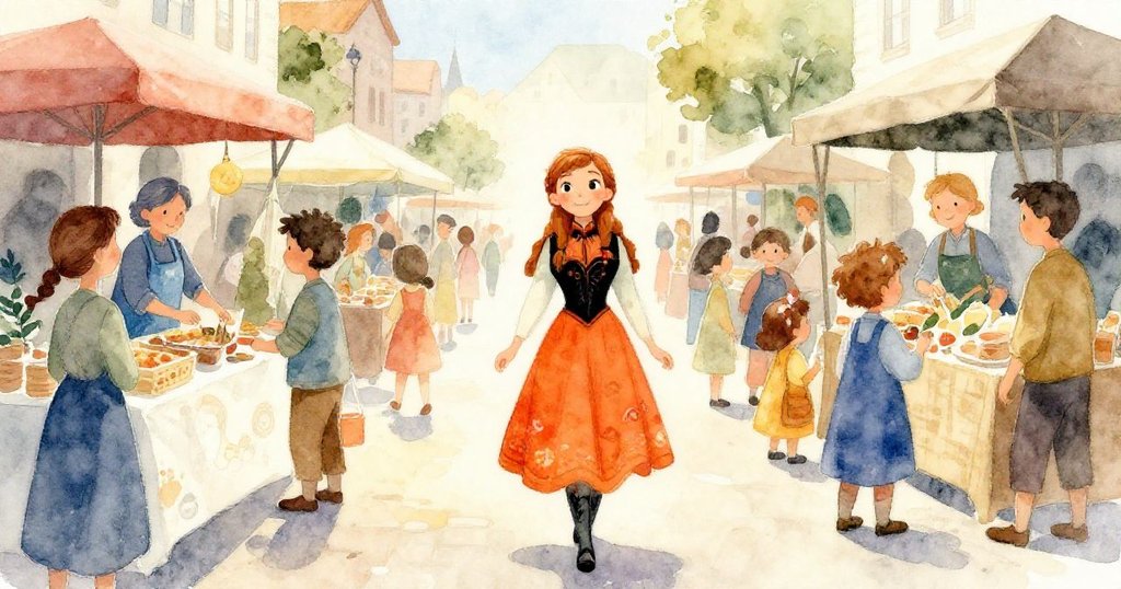 安娜走進熱鬧市集，手提購物袋，在明亮戶外市場中穿梭，臉上充滿愉悅，故事開始展現忙碌生動的市集情景。