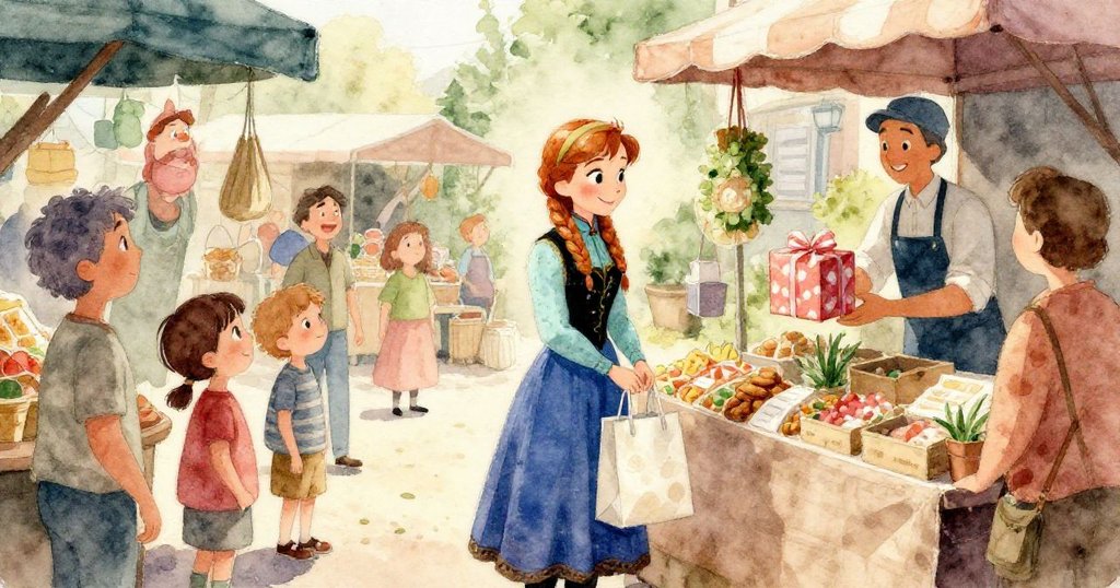 安娜細看購物袋的紋理，手指輕觸圖案，溫暖橙色與柔和粉色融合，故事發展中展現細膩的物件細節。