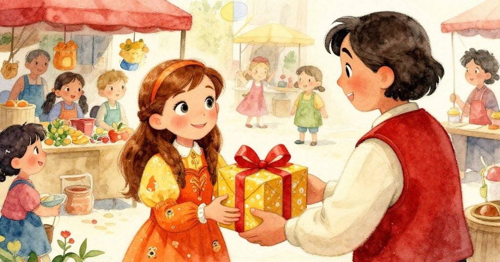 安娜從背後觀察，賣家遞上色彩鮮豔的禮物，她滿臉歡喜，展現市集驚喜時刻，情感濃郁。