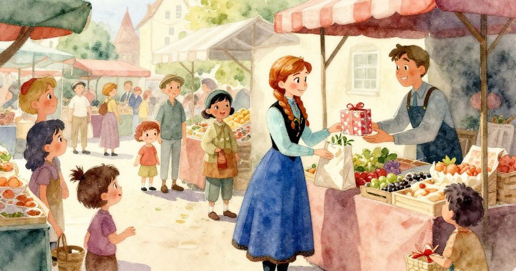 高空視角展現熱鬧市集，狗兒活躍跳躍，水花四溅，魚兒仿若飛舞，畫面充滿動感與驚喜。