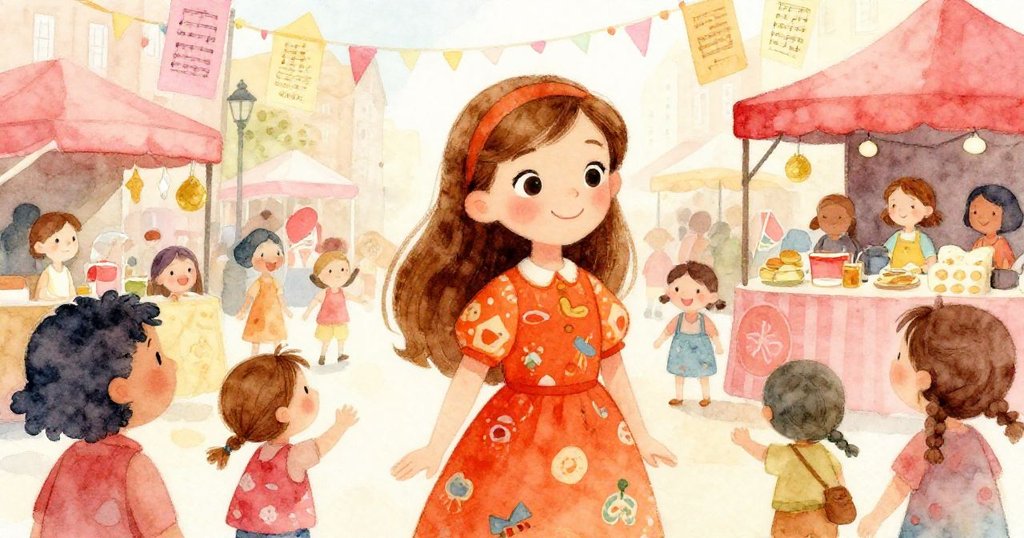 安娜與朋友歡聚慶祝，孩子向她揮手，市場上充滿笑容與溫馨音符，氣氛熱烈，故事走向解決。