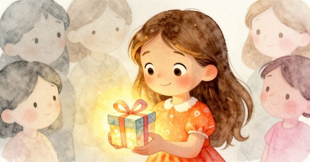 安娜靜靜端詳手中禮物，臉上散發平和喜悅，背景色彩柔和象徵希望與結局，故事完美收束。