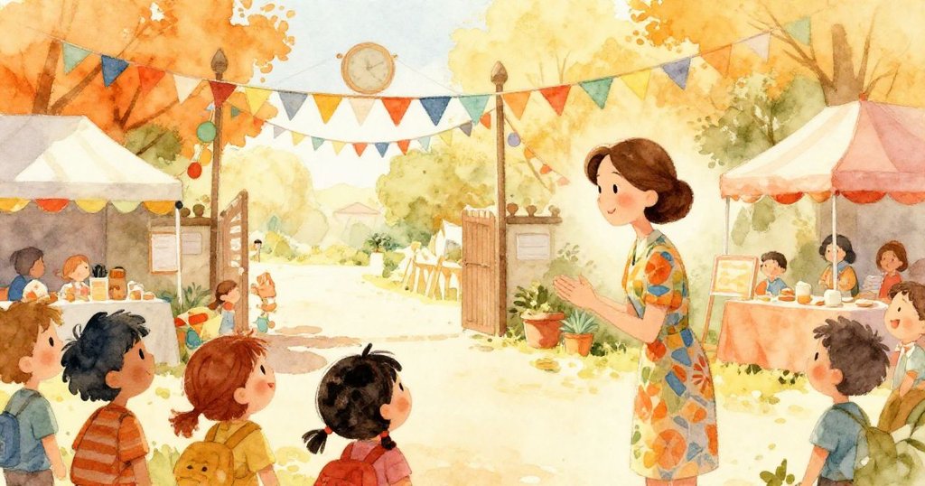 在陽光鎮，Ms. Lily迎接興奮的孩子們跨過彩旗門道，背景充滿節慶氣氛，孩子們充滿期待與喜悅