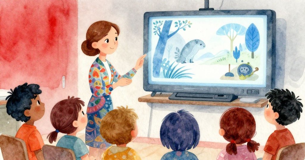 Ms. Lily帶領孩子們在舞台旁觀賞投影自然影片，孩子們好奇凝視，投影光芒映照出溫暖與啟發