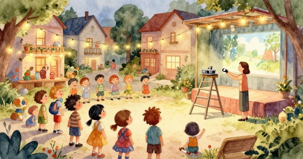 一面展示溫柔鴿子降落學桌，另一面孩子們竊竊私語感受驚喜，場景透出溫柔與和諧