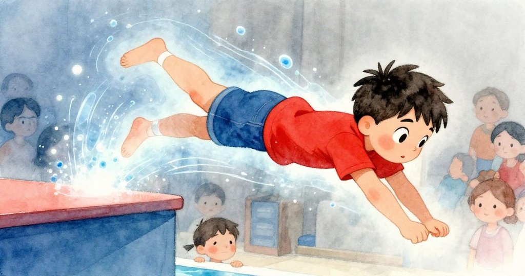 Leo勇敢從舞台躍下，空中閃現神秘水色光輝，下方朋友與觀眾滿臉驚艷與掌聲