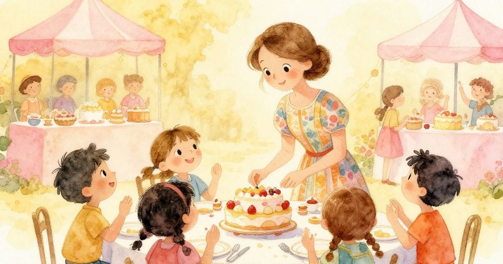 Ms. Lily與孩子們圍繞滿載點心的桌子驚喜互動，臉上流露出快樂與團結的溫馨笑容