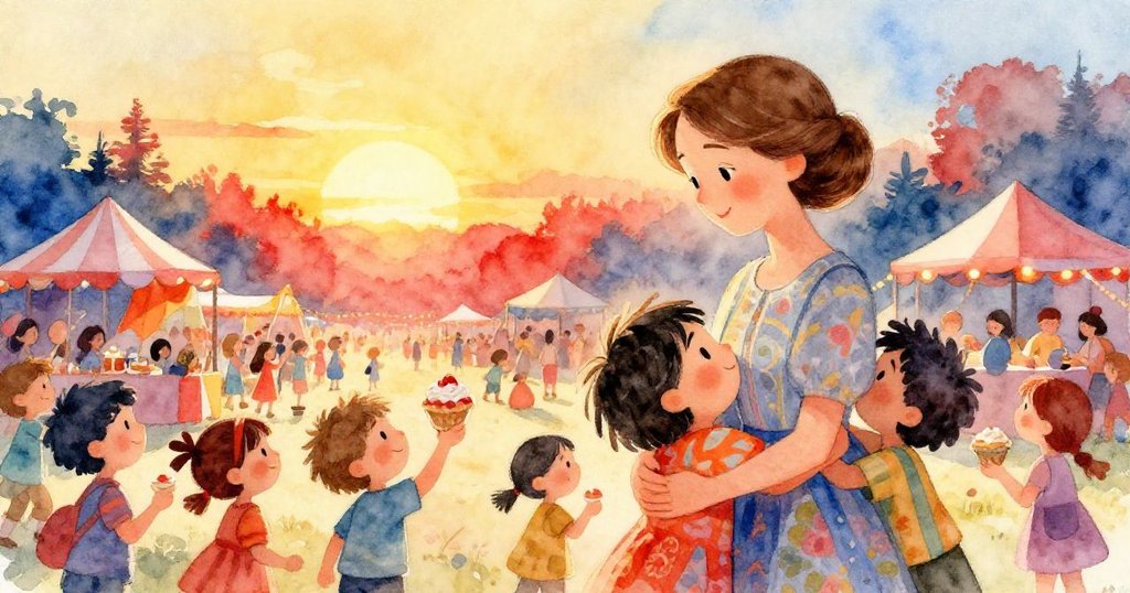 在金色夕陽下，Ms. Lily與孩子們在寬廣的場地中共享擁抱和點心，場面祥和慶祝團結與意外喜悅