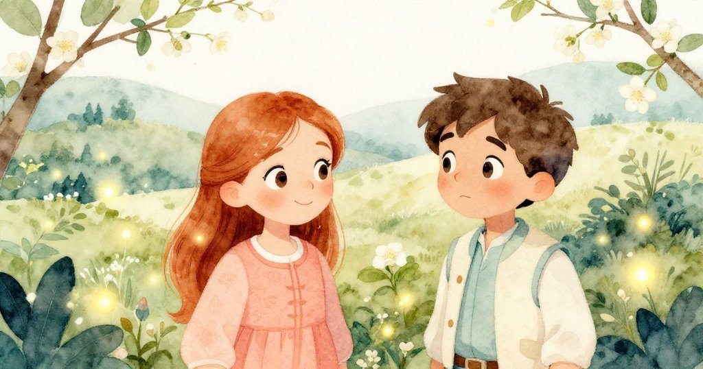 Eleanor與Liam在草原上交談，背景樹林與遠山疊影，伴隨螢火點綴，自然祥和。