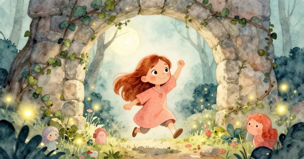 Eleanor在發光的林間空地上，穿過青蔥藤蔓的石拱門，滿懷決心迎向無限未來。