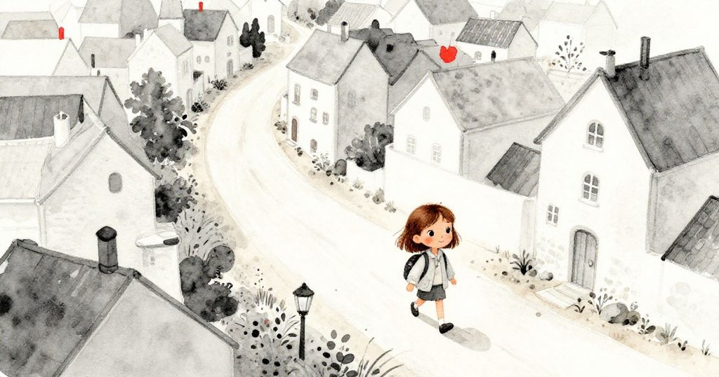 Mia從高空俯瞰小鎮，走在蜿蜒小路上，臉上流露出對未知旅程的興奮與期待，鄉村景色寧靜美麗。