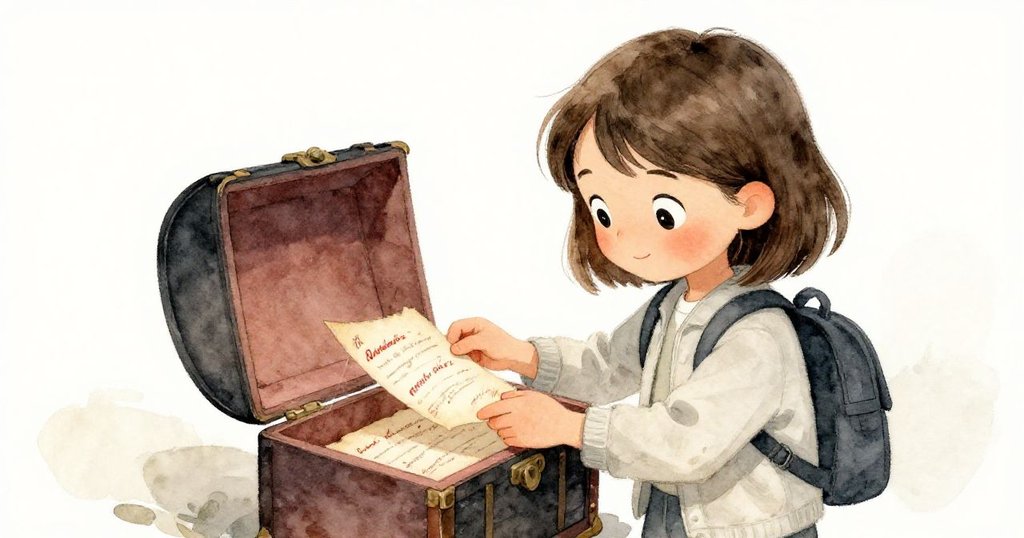 Mia正小心翼翼地打開舊箱子，發現爺爺留下的泛黃信件，表情充滿好奇與細膩探險心情，背景歷史感濃厚。