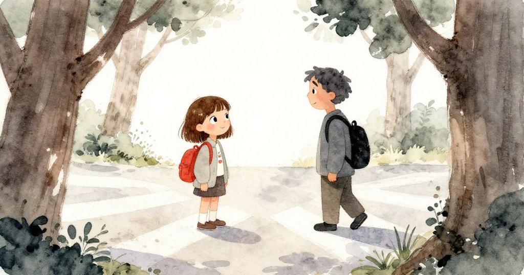 Mia透過樹隙注視著一位和藹陌生人談話，神情既好奇又略帶猶豫，十字路口景致中隱藏著新的暗示。