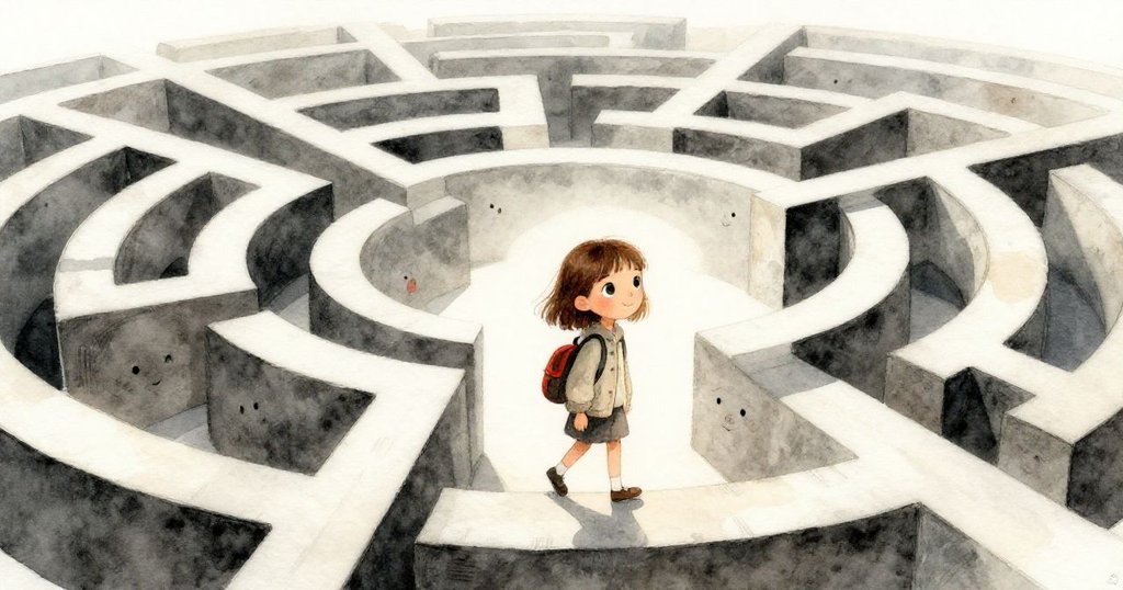 Mia走在扭曲交錯的神秘道路上，面對不可思議的幾何迷宮，神情既驚奇又充滿堅定，背景充滿超現實氣氛。