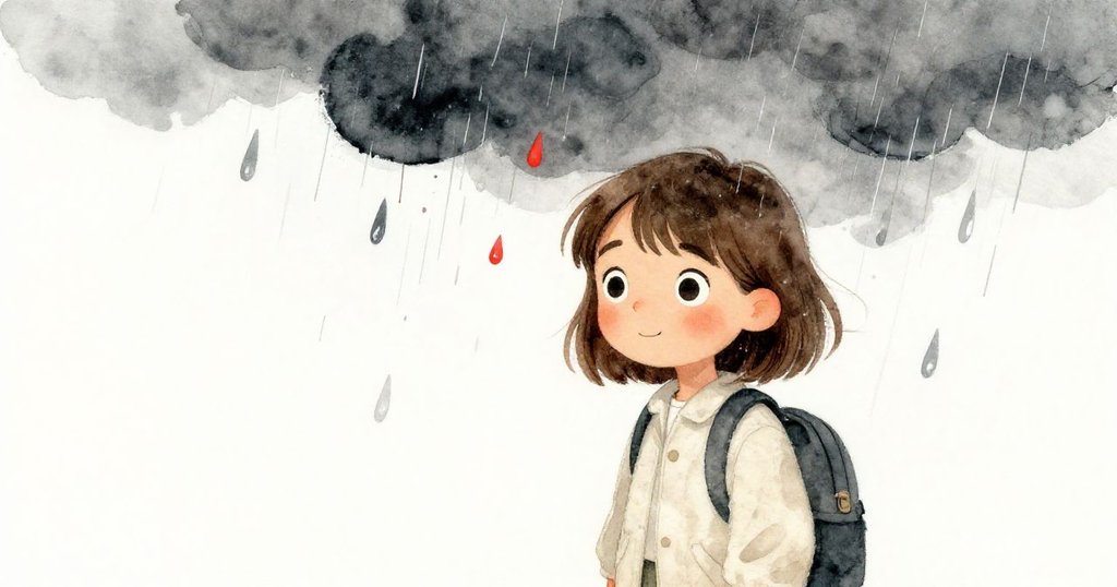 Mia在突如其來的暴風雨中停下腳步，烏雲密布，雨滴灑落，眼神充滿緊張與堅定，環境充斥著懸疑與挑戰氛圍。