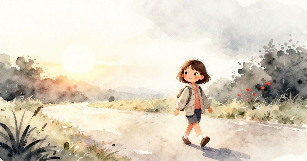Mia在雨後夕陽下沿著明亮小路行走，臉上洋溢著希望與釋放，心中回響著爺爺故事的溫暖與勇氣，景色和諧。