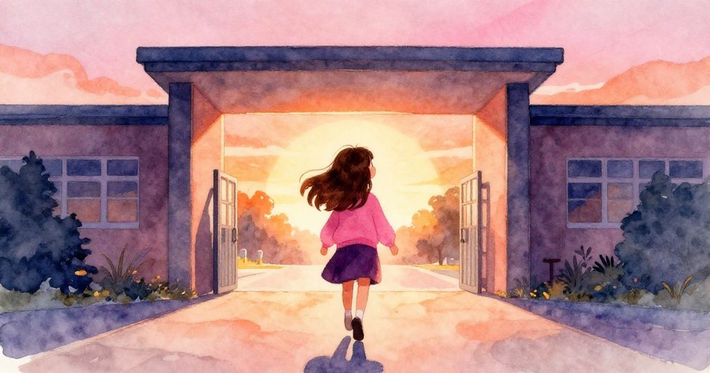 莉莉在黎明時分以剪影方式走向校園,背景燦爛,臉上充滿期待與決心,展開考試冒險之旅。