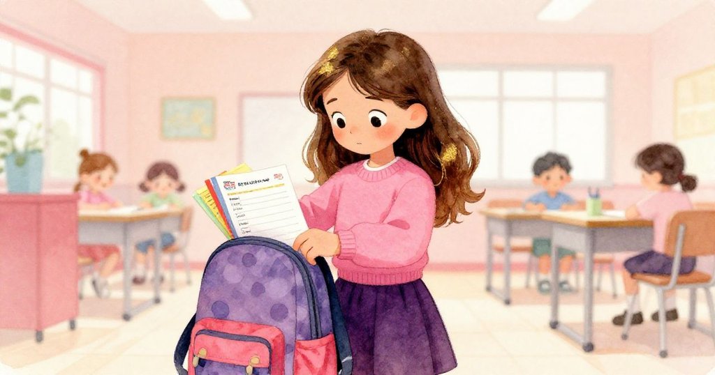 莉莉在教室走廊中打開色彩繽紛的書包,仔細檢查考試時間表與彩色筆記,神情專注且充滿創意。