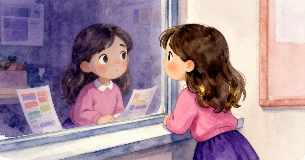 莉莉在教室窗邊仔細觀察自己堅定的反射影像,手中持著彩繪筆記,展現內心力量,情緒專注而充滿希望。