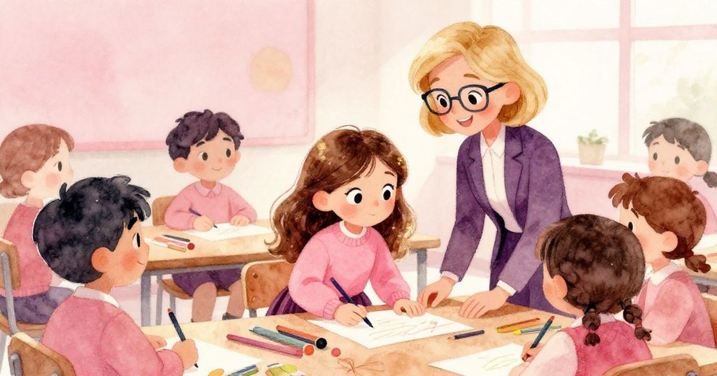 莉莉在明亮新教室中與老師及同學們熱烈討論小組專案,手勢生動,臉上展現出創意與合作的喜悅。