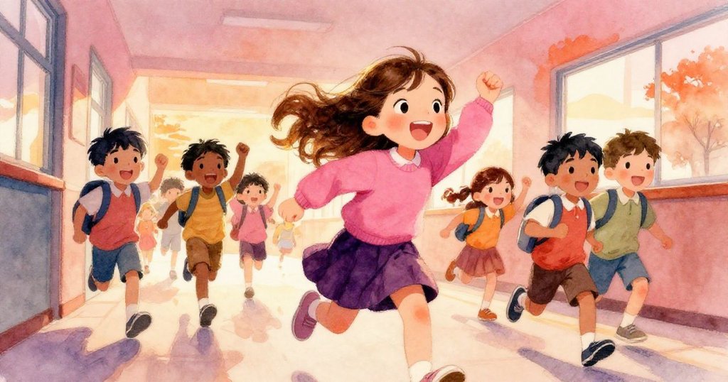 莉莉與同學在校園走廊中奔跑,臉上充滿激動與喜悅,背景充滿活力與夕陽橙色光影,象徵全國競賽榮耀。