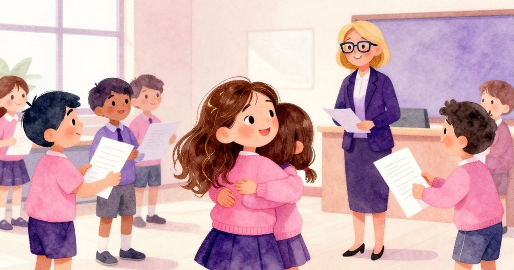 莉莉與同學們在校園角落溫馨互換祝福便條和擁抱,老師滿臉驕傲,整體氛圍溫暖而充滿勝利喜悅。