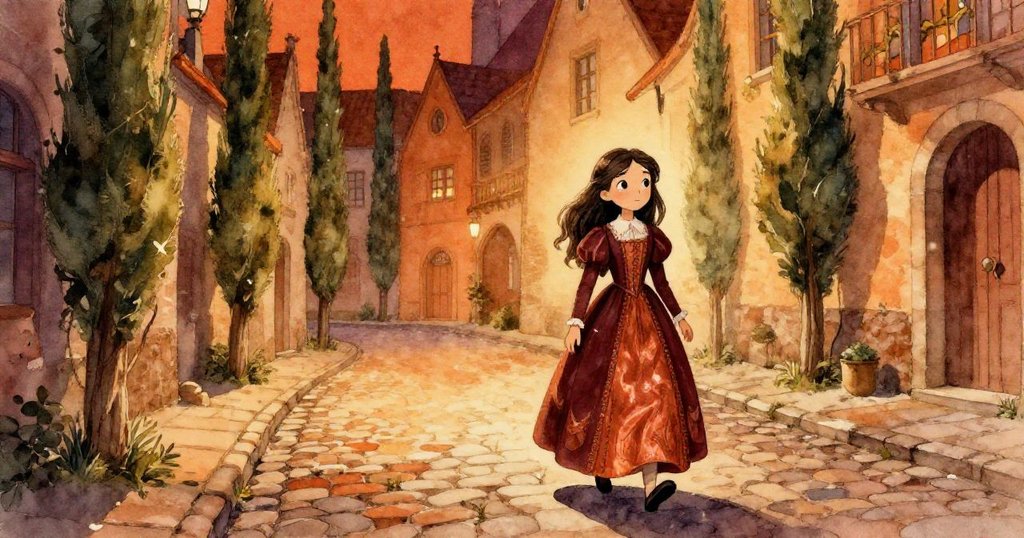 Isabella walks along cobblestone streets in Belladonna at twilight, her expression curious amid twisting cypress trees and glowing ancient facades.