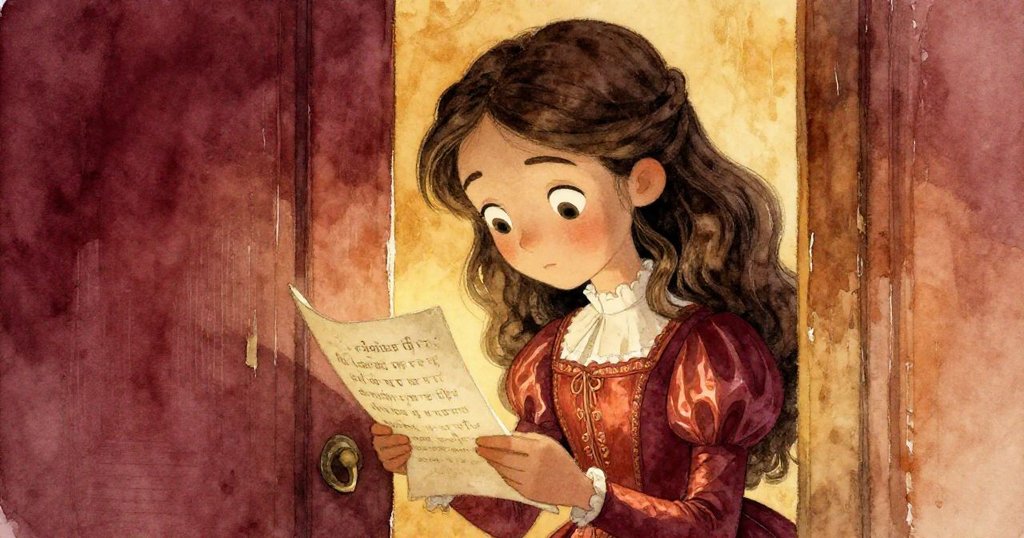 Isabella peers through a weathered doorframe reading a cryptic letter, her face lighting up with wonder and quiet apprehension in warm golden hues.