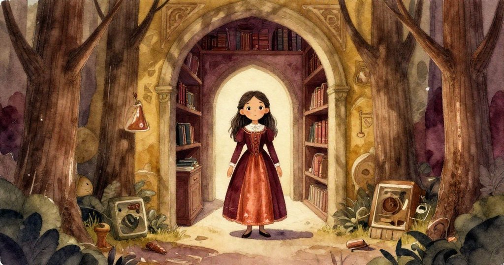 Isabella steps into an ancient archive as twisting shadows from cypress trees create surreal patterns, inviting her into a maze of memories with a sense of wonder.