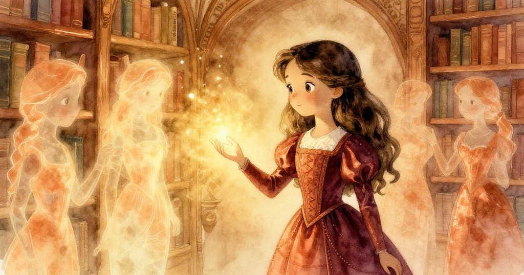 Isabella gently reaches out toward luminous, ethereal echoes in a quiet archive corner, her face reflecting hope and tender nostalgia amid warm magical light.