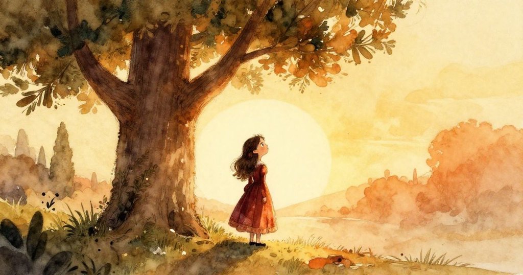 At dawn, Isabella stands small beneath a towering cypress, bathed in gentle golden light, as her memories merge into a comforting promise of renewal and self-discovery.