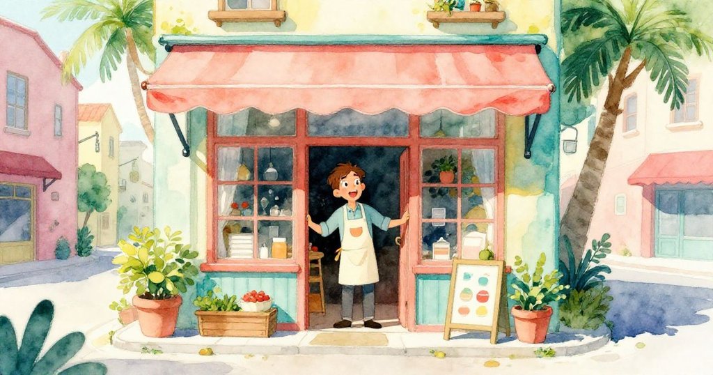 山姆在陽光下開啟明亮溫馨的小店，充滿希望與活力，店面細節豐富，展示新始動力。