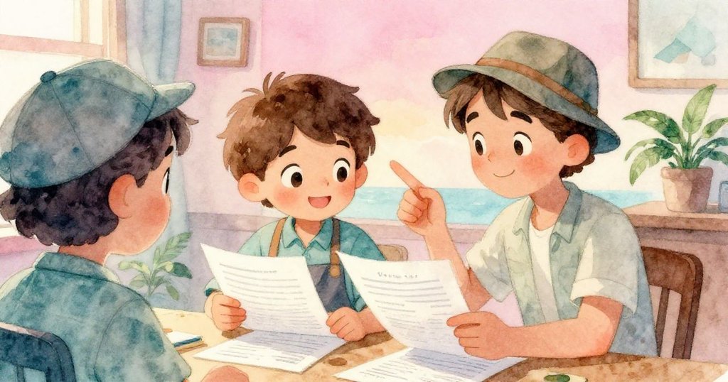 室內畫面，山姆與友人共同審視文件，友人指點疑似詐騙風險，表情真摯且溫馨互動。