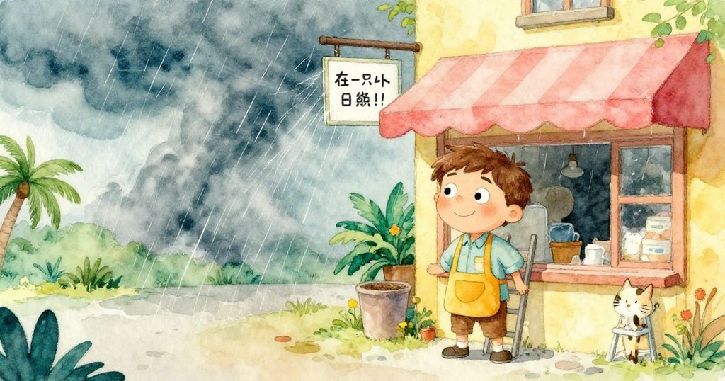 外景風雨初起，山姆站店前注視風雨搖曳中的招牌，貓咪靈巧攀梯呼喚，氣氛轉漸緊張。