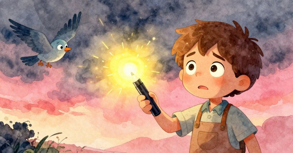 暴風雨中，山姆凝視發光魔法招牌，鳥兒盤旋，光與暗交織中透出一絲希望與謹慎決心。