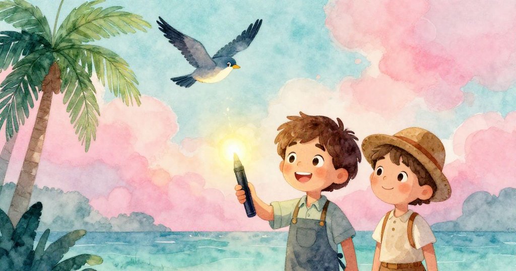 風暴過後，山姆與友人並肩立於發光招牌旁，面帶微笑迎接晨曦，鳥兒自由飛舞，寓意堅持與希望。