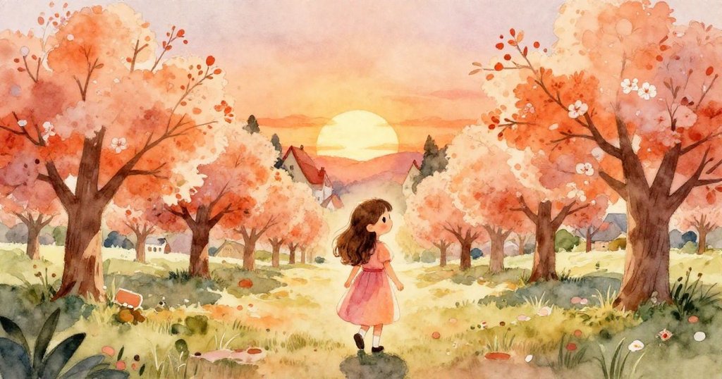 莉莉走進寧靜村莊，寬廣景色展現魔法果園與落日餘暉，營造出好奇和平靜的氛圍。