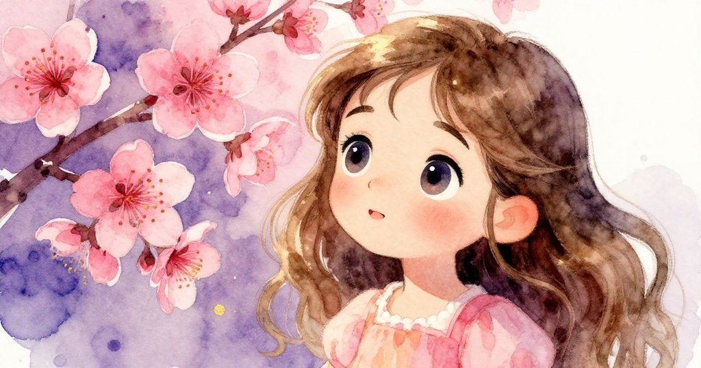 莉莉凝視盛開的粉色花瓣，她的眼神中充滿驚奇與期待，細膩展現魔法時刻與自然美景。