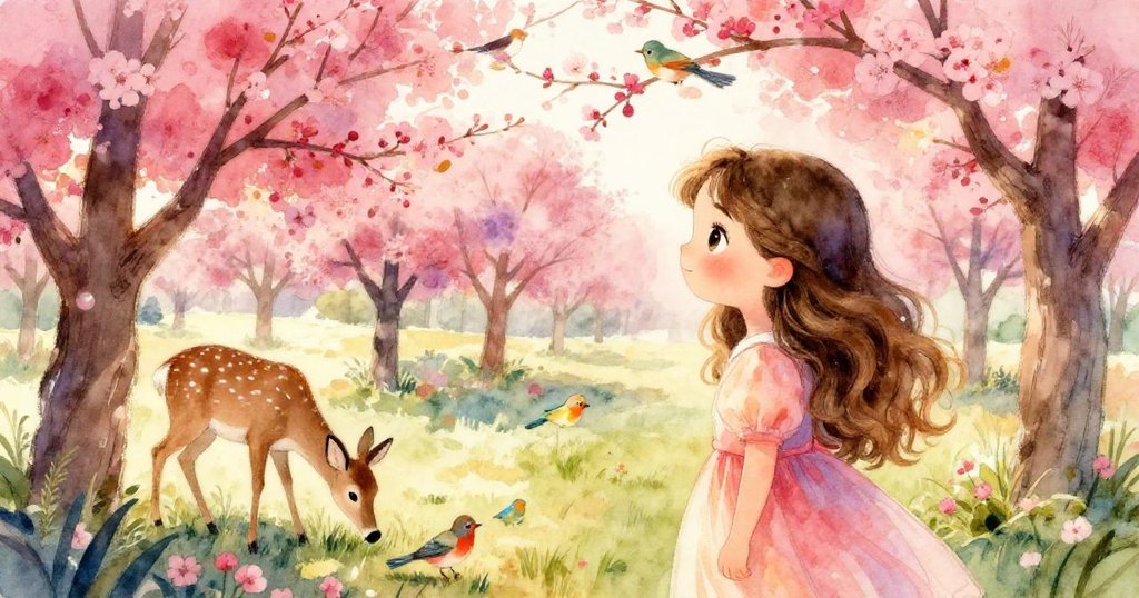 果園中粉色花樹盛開，莉莉與一隻安靜鹿相遇，鳥鳴環繞，自然景致散發季節溫暖與生機。