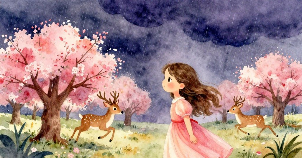 暴雨驟至，暗雲密布中莉莉急奔至盛花大樹下避雨，眼中流露緊張與堅毅，鹿迅速逃離雨中。