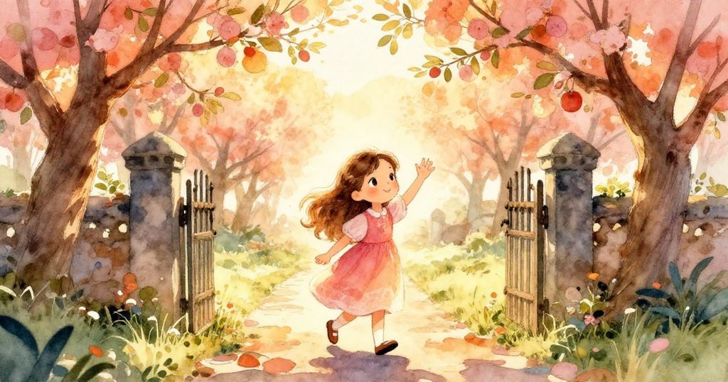 莉莉沿著隱秘小徑離開花園，向昔日魔法果園揮手告別，心中充滿喜悅與解謎後的暖意回憶。